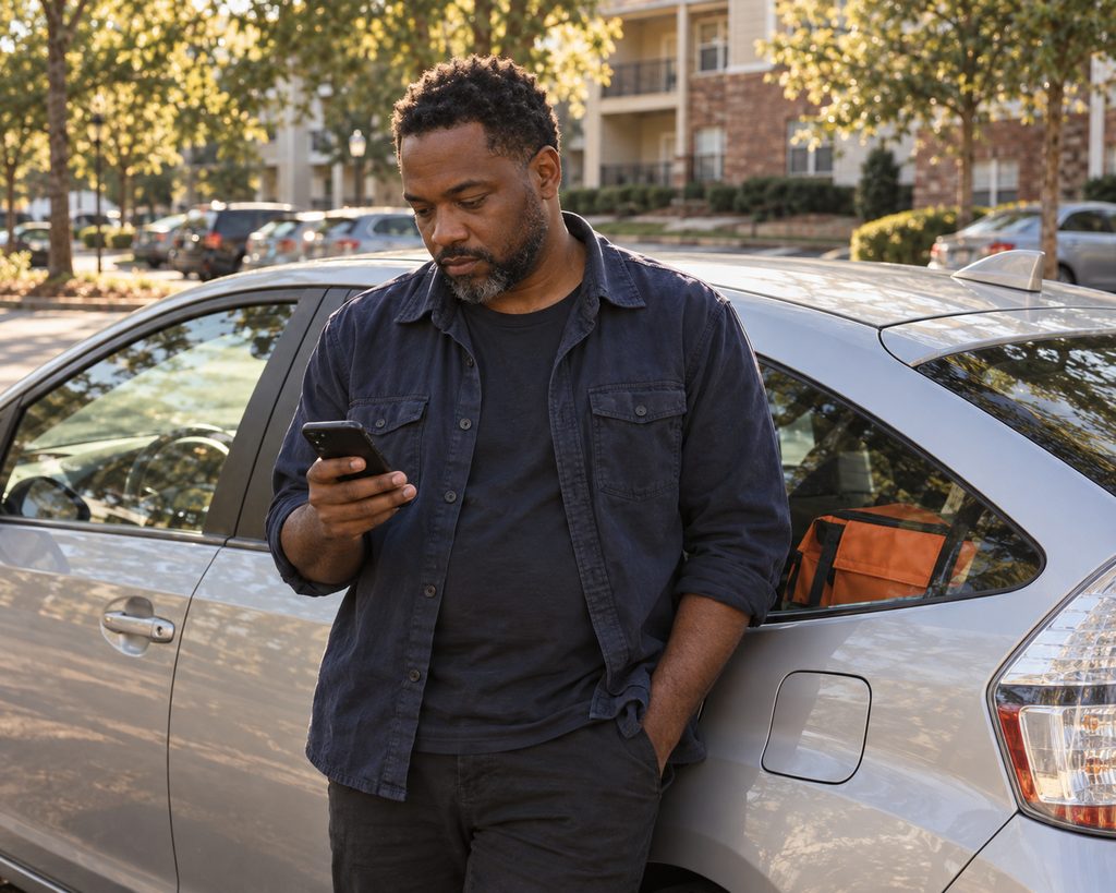 A delivery driver checks his phone beside a silver hatchback in warm evening light.