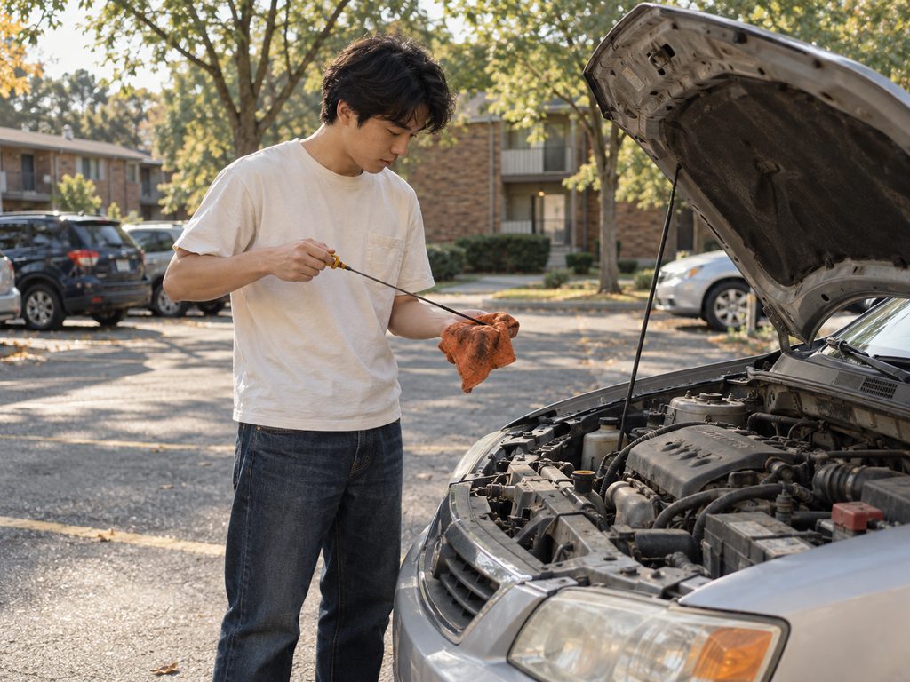 A college student checks the oil of an older silver sedan in an apartment parking lot.
