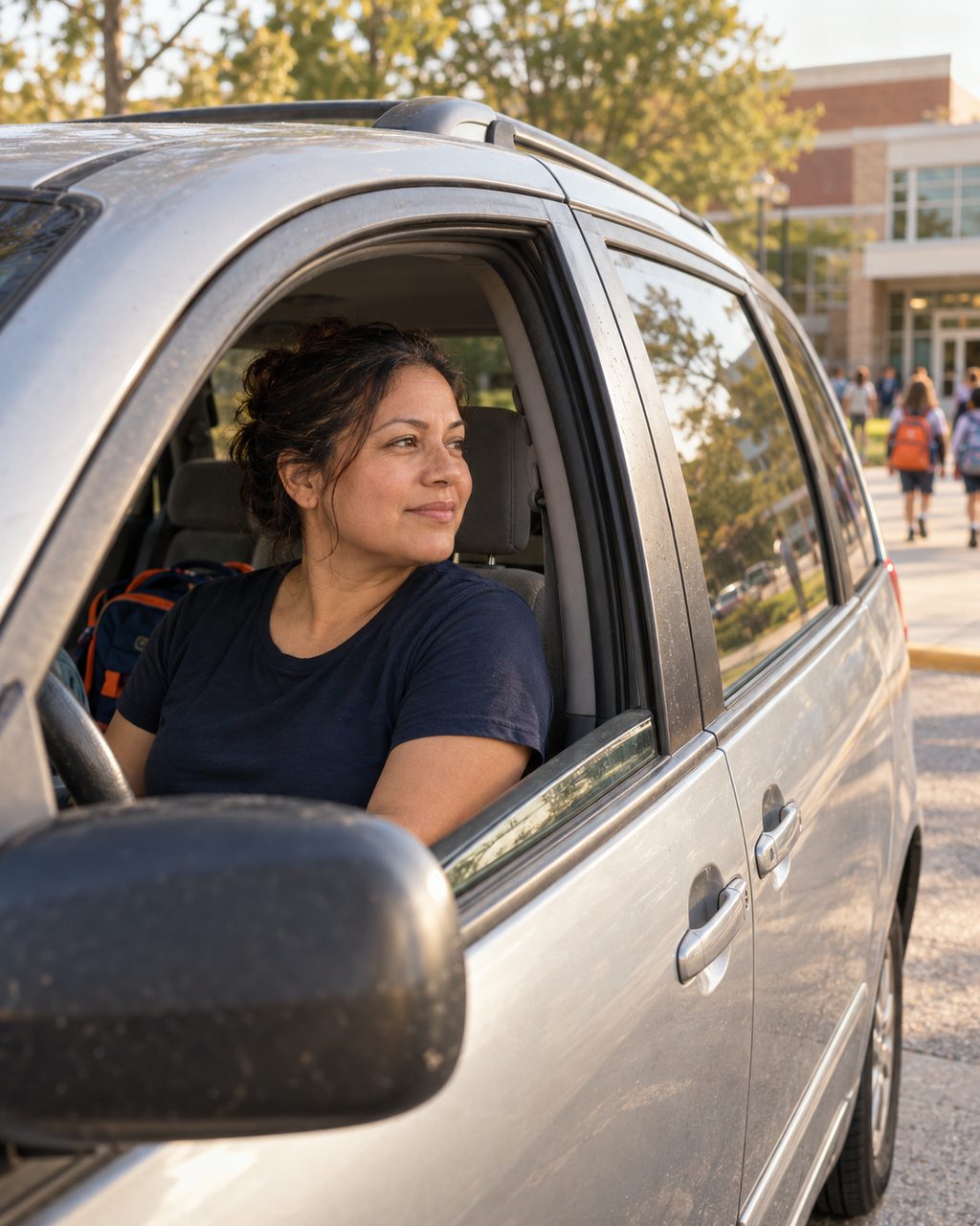 A parent in a navy shirt waits at school pickup in a silver minivan with the driver window open.
